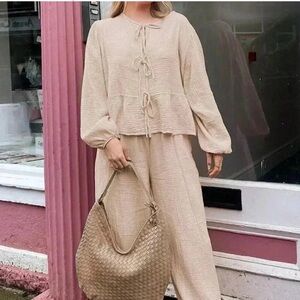 Apricot Casual Women's Lantern Sleeve Tie Waist Top & High Waist Pants Set